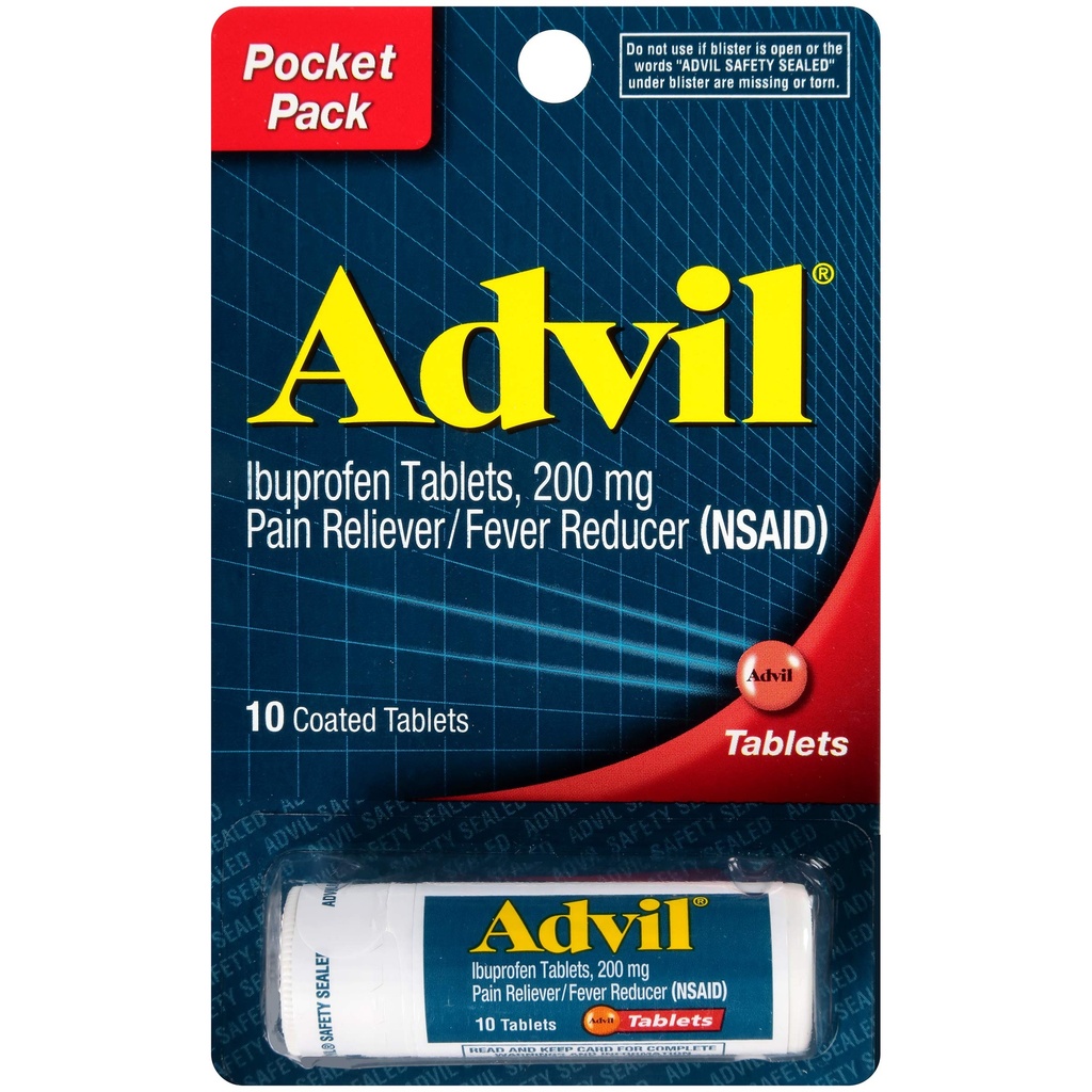 Advil Coated Tablets Pain Reliever ו- Fever, Ibuprofen 200 מ"ג, 4 x 10 Count Vial, Fast Pain Relief, Pocket Pack