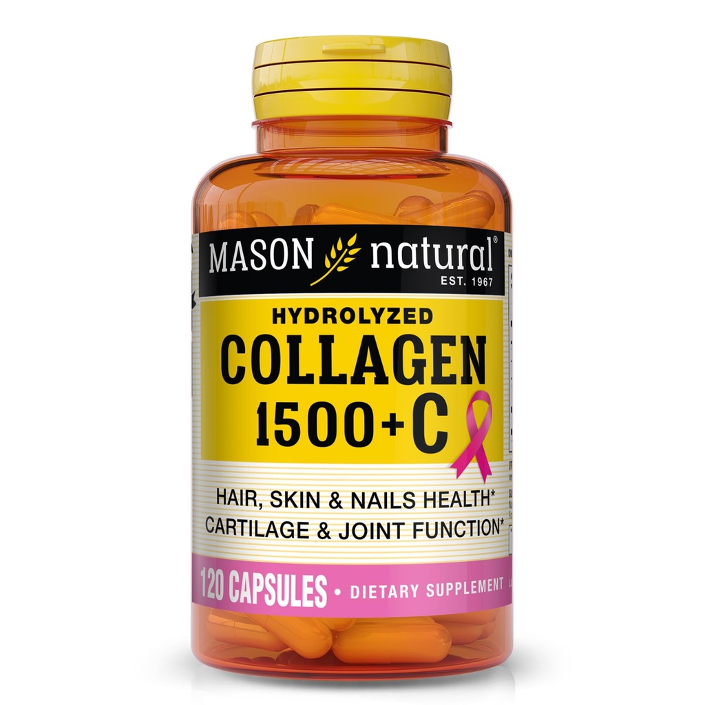MASON NATURAL 1500mg Collagen עם ויטמין C, ביוטין, ו Calcium, 40 יום אספקת קפסולות, תוספת לשיער, עור וציפורים.