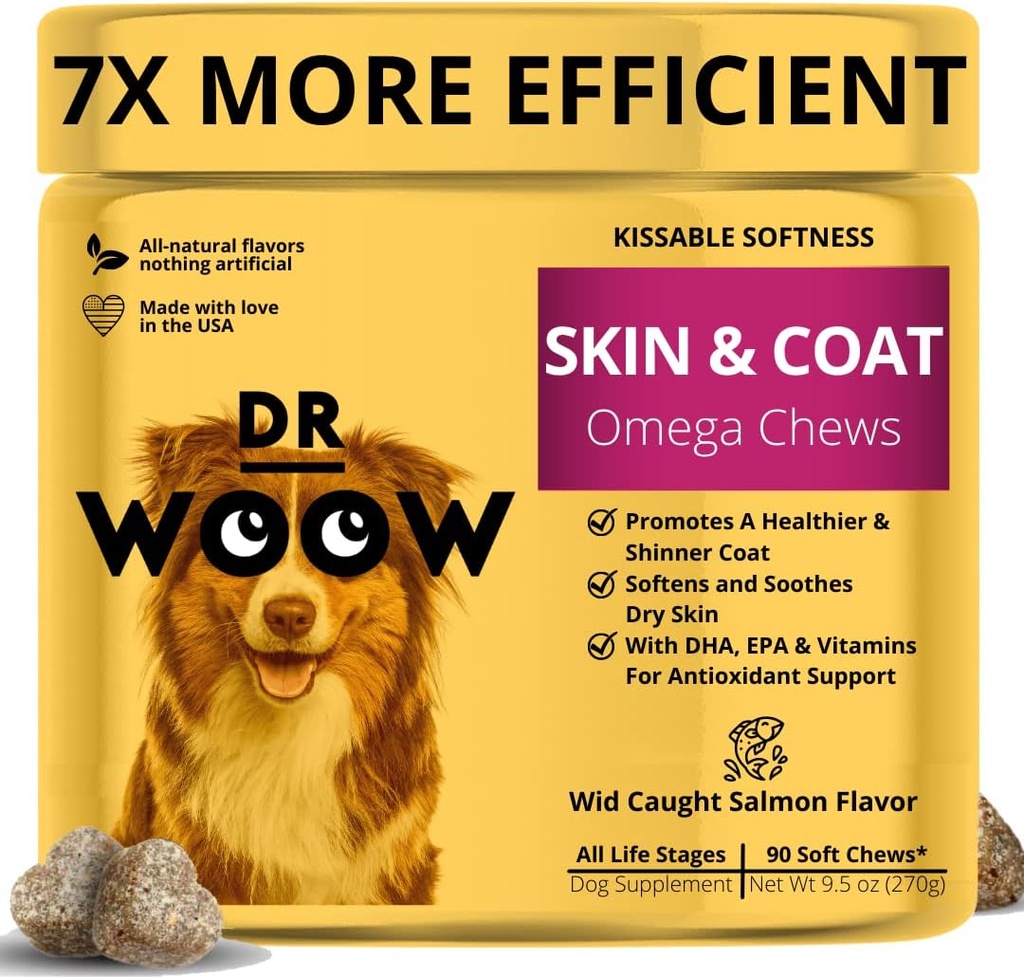 אומגה Wildאלסקה Salmon Fish שמן 90 ct Soft Chews for Dog - Anti Itch & Coat + Allergy Support, with Kelp, Biotin, ויטמינים, Zinc - Helps Itchy Skin, אלרגיות לכלבים, מאי הקטנת Shedding Shedding