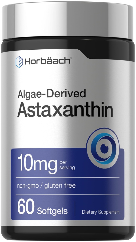 Horbäach Astaxanthin תוספים | 10mg | 60 Softgels | Algae Derived Formula