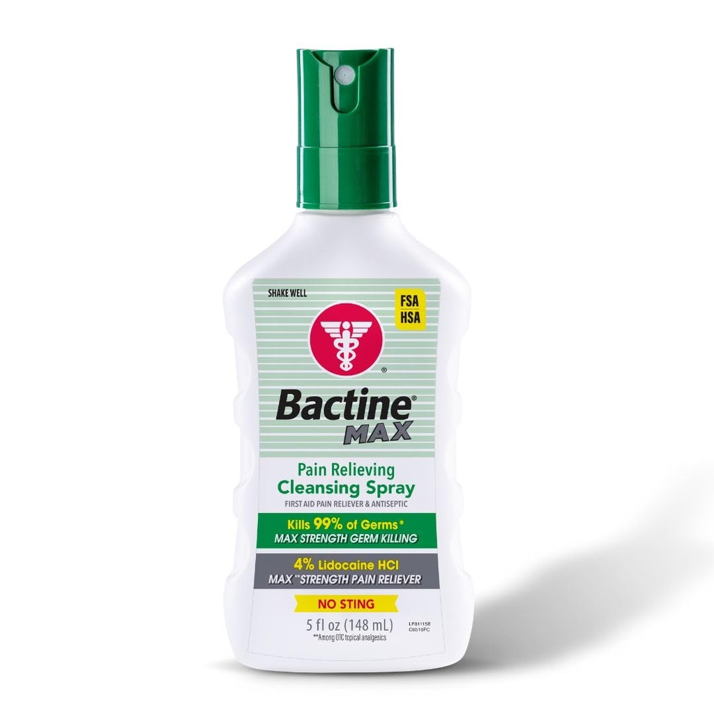 Bactine Max Pain Relieving Antiseptic Spray with Lidocaine, First Aid Pain + Itch Relief, No-Sting, Kills 99% של גרמס*, 5oz