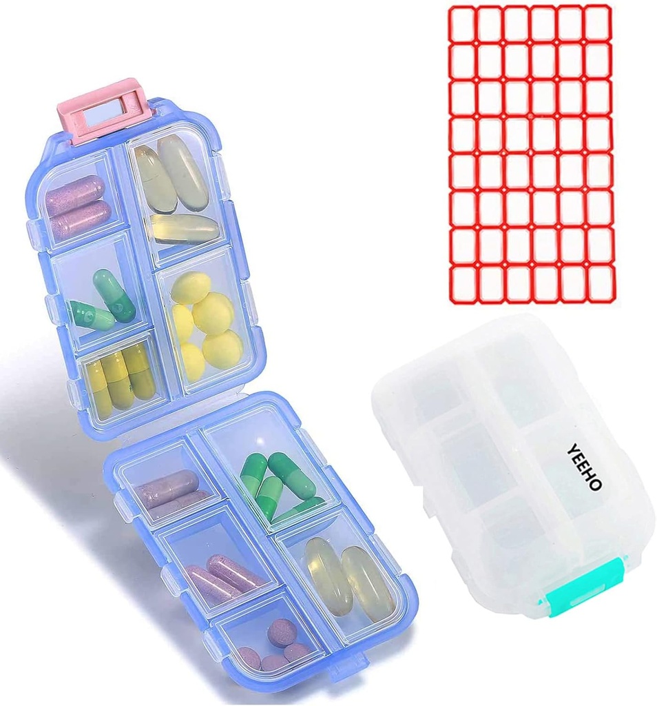 גלולת גלולה (2 Pack) - Portable Small Supplements Tablet Container Box with 10 השוואתיים - מארגנת ויטמין תרופה אדג'ר אחסון עבור נסיעות נסיעות Pocket Purse (כחול + לבן)