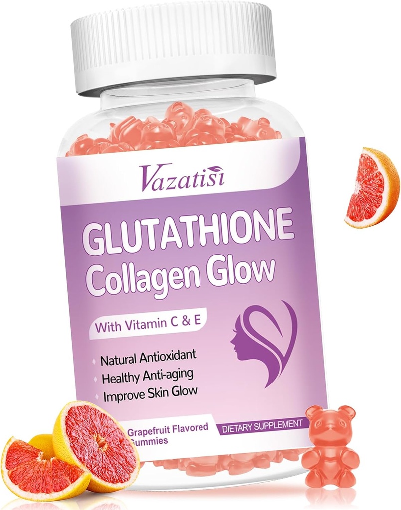 Glutathione Collagen Glow Gummies, Collagen Gummies עם ויטמין C, E, Glutathione תוספת עבור נשים, Skin Care, Anti-Aging, Grapeפרי Flavor, 60 הרוזן