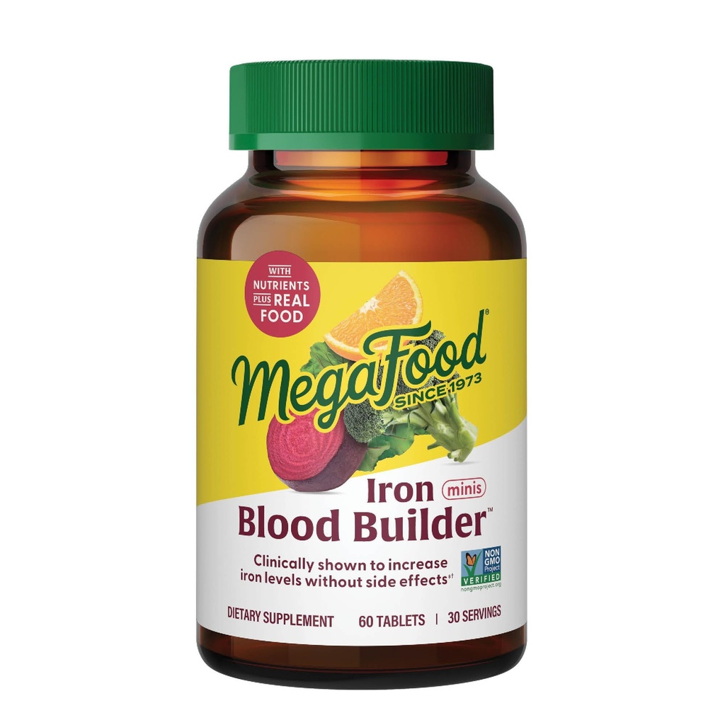 Mega Food Blood Builder תוספת ברזל לנשים וגברים - להגדיל את רמות הברזל ללא תופעות לוואי - לוחמים Fatigue - ויטמין B12, Folic Acid & C - טבעוני - 60 מיני טבליות (30 משרתים)