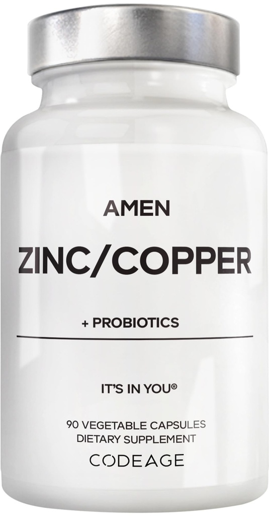 Amen Zinc & Copper תוסף + Probiotics, 3 חודשים אספקה, יום אחד - 50 מ"ג Zinc Picolinate ויטמין Pills - מינרלים חיוניים - 2 מיליארד CFUs Probiotic - טבעוני, non-GMO, 90 קפסולות
