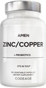 Amen Zinc & Copper תוסף + Probiotics, 3 חודשים אספקה, יום אחד - 50 מ"ג Zinc Picolinate ויטמין Pills - מינרלים חיוניים - 2 מיליארד CFUs Probiotic - טבעוני, non-GMO, 90 קפסולות
