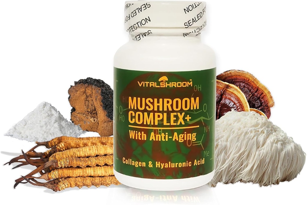 Mushroom Complex with Anti-Aging Natural Mushroom-based Anti-Aging תוספים עם Chaga, Lion's Mane, Cordyceps, Reishi, Collagen, Hyaluronic Acid, ויטמינים B1, B2, B6, C, D.