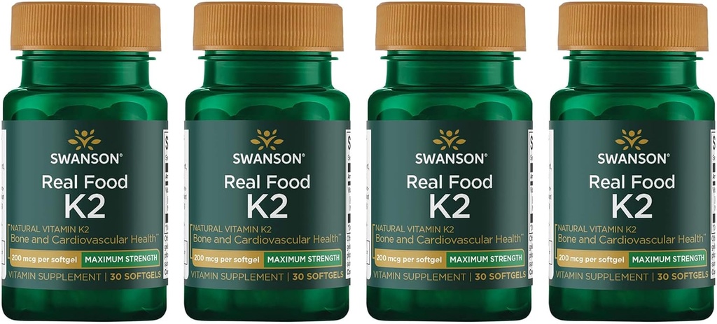 סווונסון כוח מקסימלי ויטמין K2 (Menaquinone-7)-Vitamin תוסף תמיכה Cardiovascular ו- Bone Health-Made מ-nto כדי לעזור לבודד את Calcium (30 Softgels, 200mcg כל אחד) (4 Pack)
