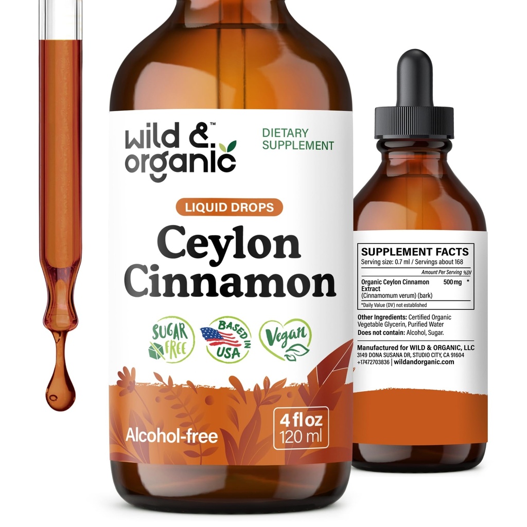 Wild & אורגני Ceylon Cinnamon Tincture 500 מ"ג - תוספי Cinnamon נוזלי עבור תמיכה כוללת - Cinnamum Verum Bark Extract - טבעוני, סוכר ואלכוהול חינם, non-GMO - 4 fl oz oz