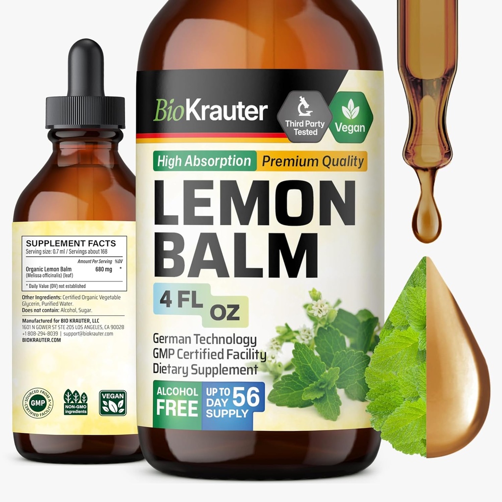 BIO KRAUTER Lemon Balm Leaf - טבעוני Melissa Lemon Balm Tincture for Calmness Support - סוכר ואלכוהול חינם - 4 Fl. Oz.