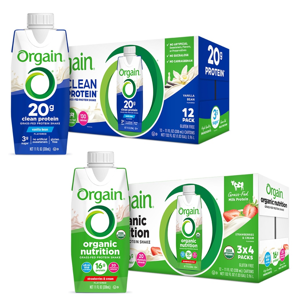 Orgain נקי חלבון שקד, Grass פד חלב, Vanilla Bean (Pack of 12) ו- Orgain אורגני חלבון תזונתי שקד, סטרוגים ו Cream (Pack of 12)