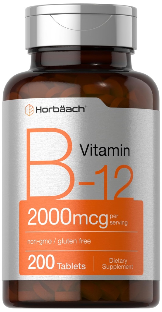 Horbäach B12 ויטמין 2000 mcg | 200 טבליות | תוספת צמחונית | Non-GMO & Gluten Free