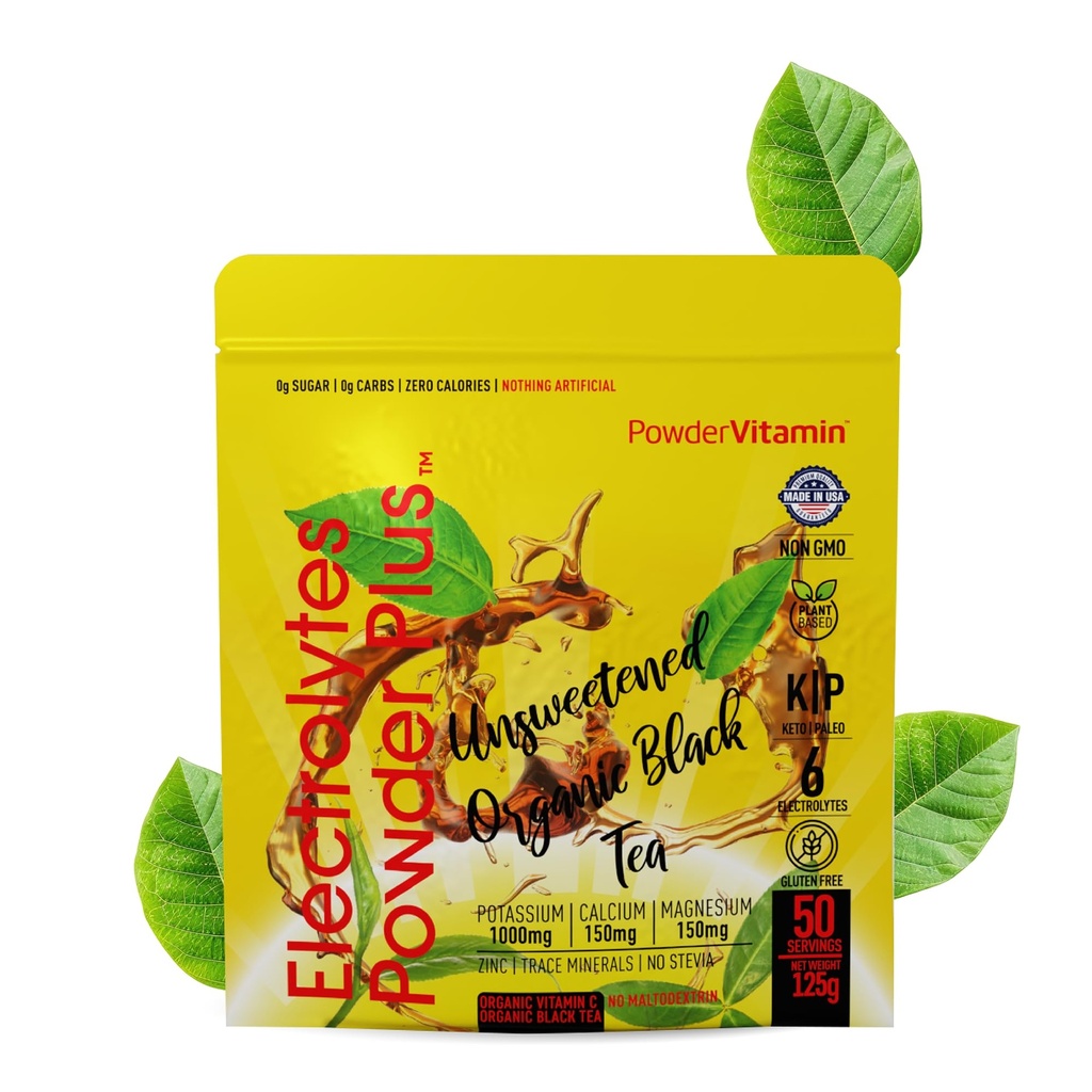 PowderVitamin Electrolytes Powder Plus (50 Servings) Unsweetened Black Tea Electrolyte Powder Keto,SugarFree, Pink Himalayan Salt,1000mgPotassium,150mgCalcium,150mgMagnesium,Hydration Powder NO STEVIA