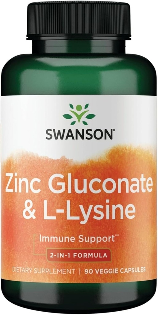 Swanson Zinc Gluconate ' &' L-Lysine - 2in-1 פורמולה 90 Veg Caps