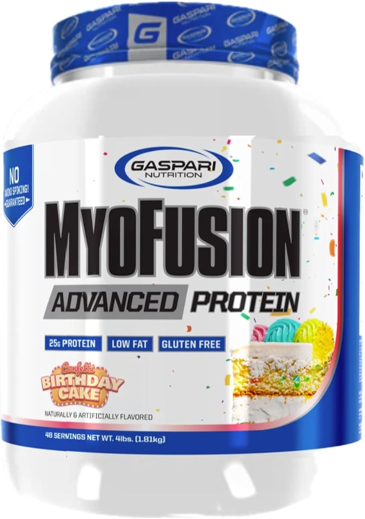 Gaspari תזונה Myofusion חלבון מתקדם, חלבון בלגן עם חלבון Whey, חלבון מקרהין וחלבון Isolate, שומן נמוך וגלוטן חינם (Birthday Cake, 4 פאונד)