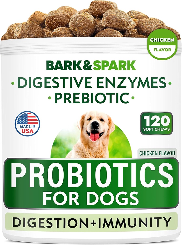 BARK &SPARK Dog Probiotic Chews - Gas, Diarrhea, אלרגיות - Enzymes + Prebiotics - Chewable סיבים - Digest, Immunity - ארצות הברית Made - 90 Ct - עוף