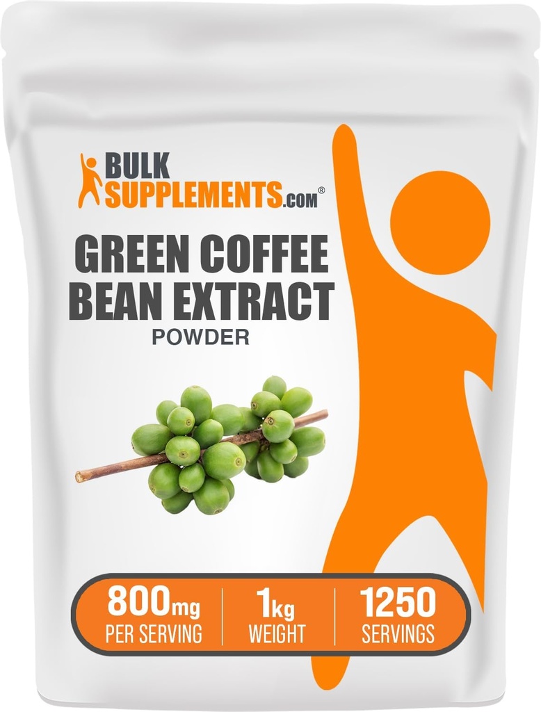 BulkSupplements Green Coffee Bean Extracta - Green Coffee Bean Supplements - תמיכה באנרגיה, Gluten Free, 800 מ"ג לשרת, 1 ק"ג (Pack of 1)