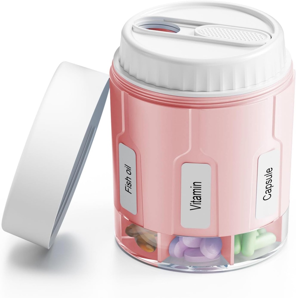 Daviky Pill Bottle מארגנת, מארגן תוספת עם 7 השוואתים גדולים, Travel Pill Dispenser Round Pill Box with Two Lids (Pink+) לבן)