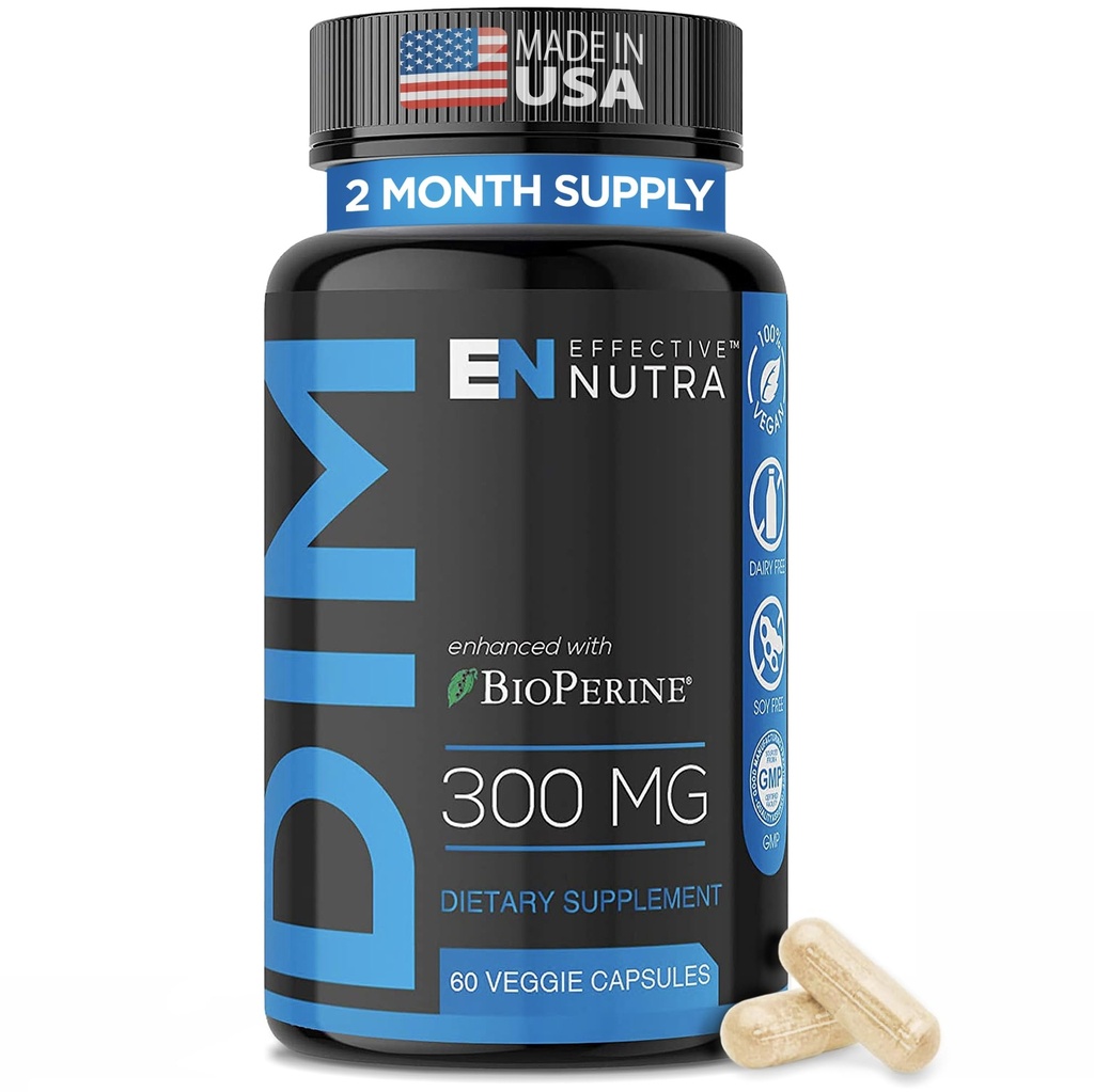 Effective Nutra DIM Supplement 300mg + BioPerine, Extra Strength Estrogen Blocker for Men & Hormone Balance for Women - Diindolylmethane, Hormonal Acne, Menopause Support - 60 Veggie Capsules