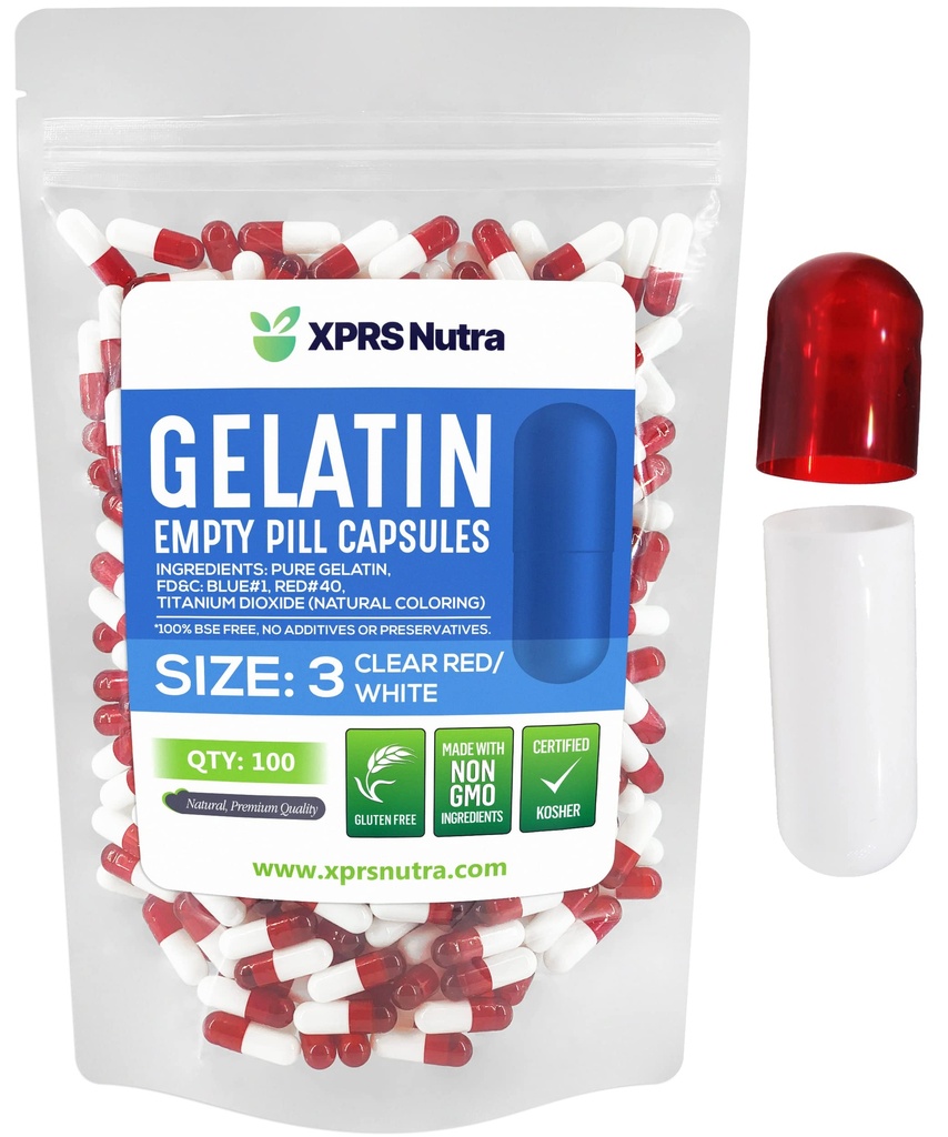 XPRS Nutra Size 3 קפסולות ריקות - 100 הרוזן ריק Gelatin קפסולות - Pills DIY קפסולת מילוי - Pure Bovine Pill Gel Caps Fillable for Do-It-Yourself ויטמינים ותוספים (Clear Red/White)