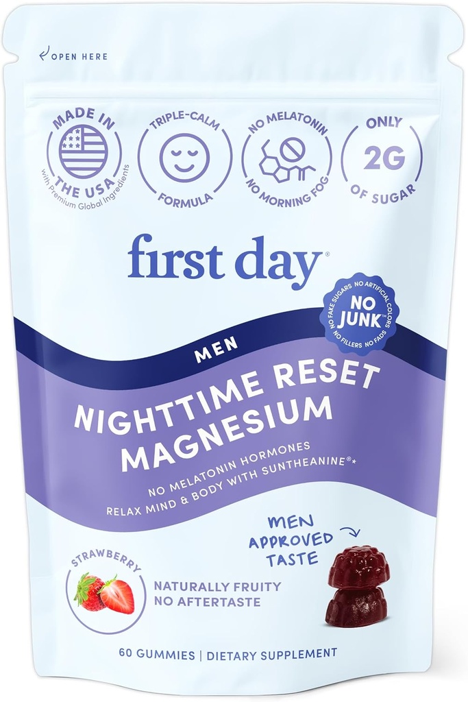 First Day Men's Nighttime איפוס Calming Magnesium Gummies - Sleep Aids Restful Rest, Balanced Mood & Energy - תוספת עם Magnesium Citrate, L-theanine & No Melatonin - 30 יום אספקה