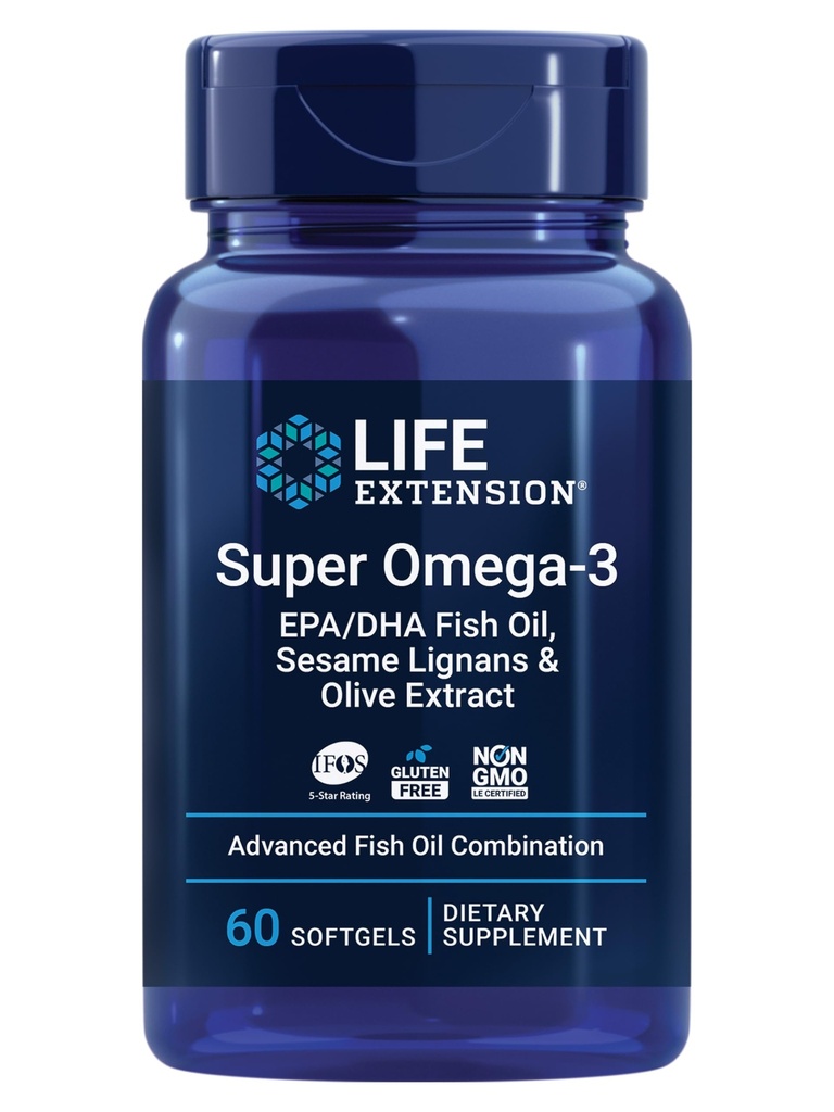 Life Extension Super אומגה 3 EPA / DHA שמן דגים, Sesame Lignans & אוליבץ - בריאות הלב, בריאות המוח, Inflammation Health Support, Cholesterol Health Support, Gluten-Free, non-GMO, 60 Softgels