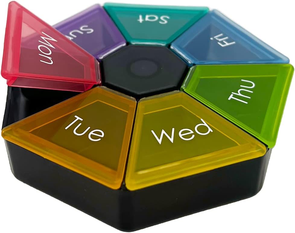 EZY DOSE Weekly Pill Organer and Planner, Travel Pill Planner, 7-Sided, Rainbow Colors