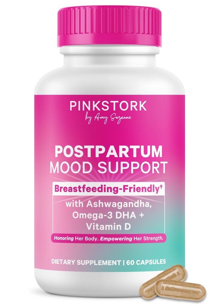 Pink Stork Postpartum Mood Support - איזון הורמונלי לאחר הלידה לנשים - תמיכה ידידותית - מתח וקוגניציה, New Mom Essentials - Ashwagandha, Chamomile, & ויטמין D, 60 קפסולות
