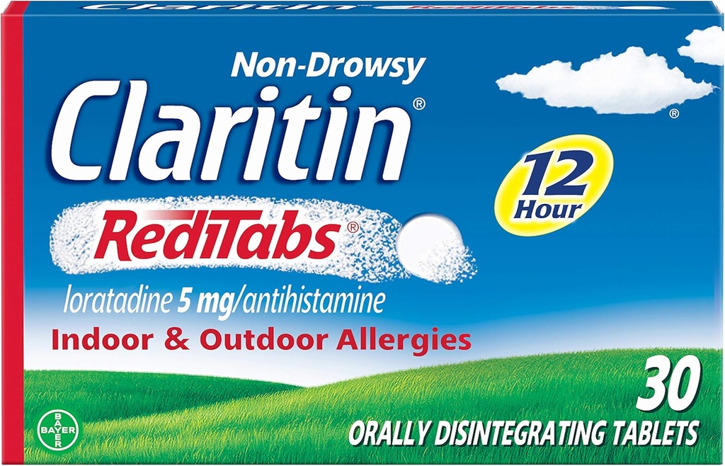 Claritin RediTabs 12 Hour Allergy Medicine, Non-Drowsy Prescription Power Allergy Relief, Loratadine Antihistamine טבליות, 30 Count, Pack of 2
