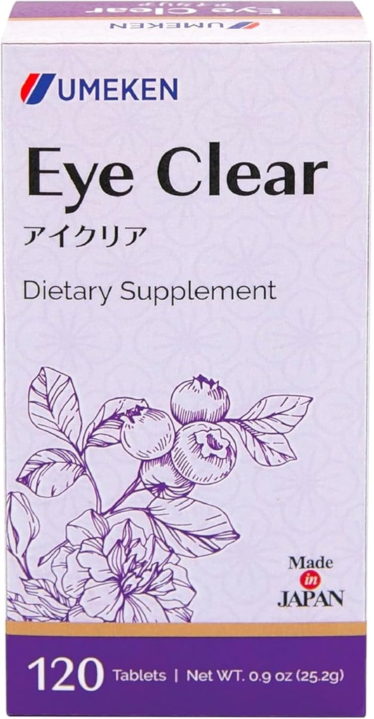 Umeken Eye Clear Dietary Supplement, Blueberry Extract, Lutein, Zeaxanthin, גינקו, תוספי חזון למבוגרים, ויטמין עיניים, 2 חודשים אספקה, 120 טבליות, Pack של 120 טבליות, Pack של 120