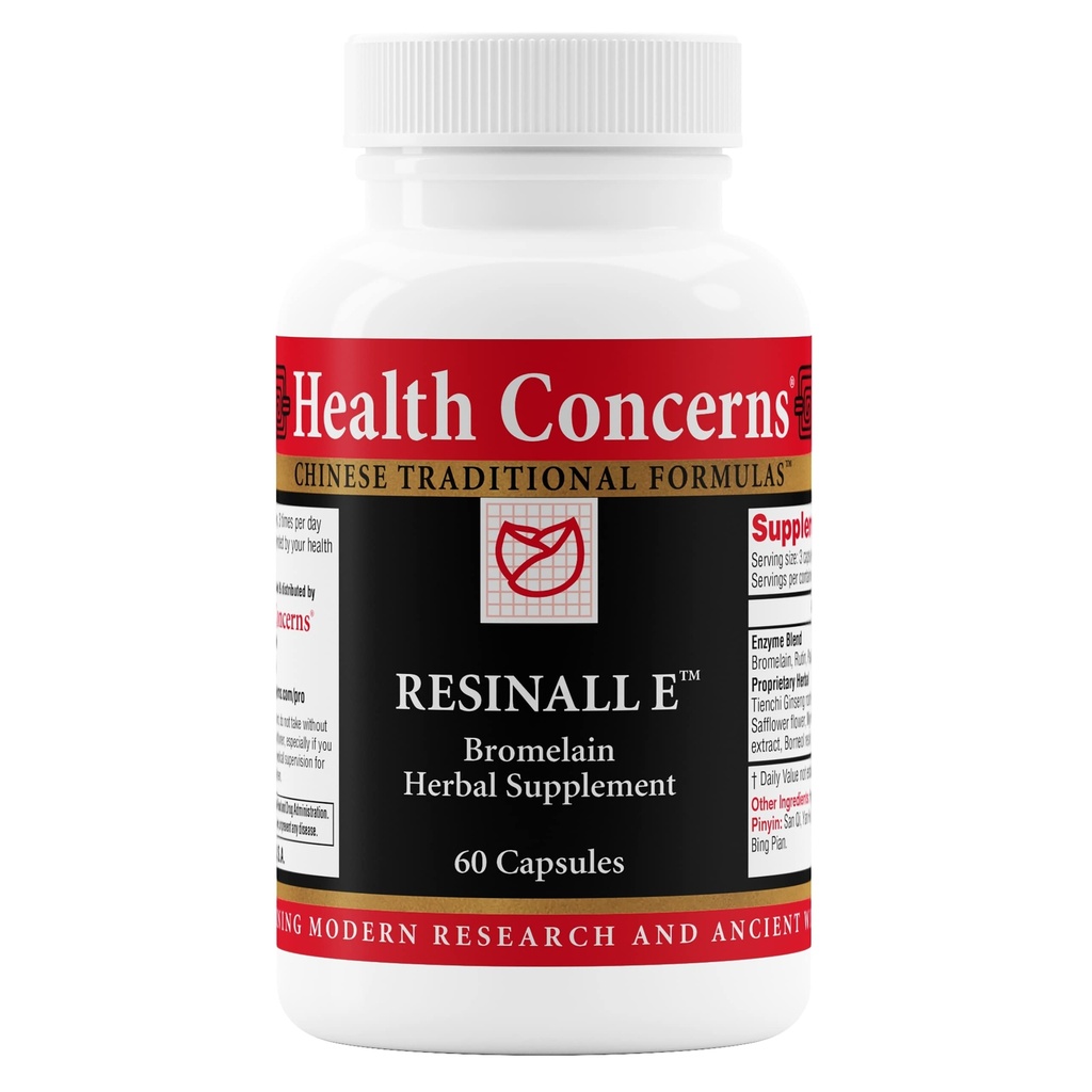 Health Concerns Resinall E - Bromelain Herbal תוסף for Bruising, Swelling & Stress Recovery - Natural Enzyme Band with Herbs - Rutein, גינזנג, Papain - Post Surgery Support - 60 קפסולות