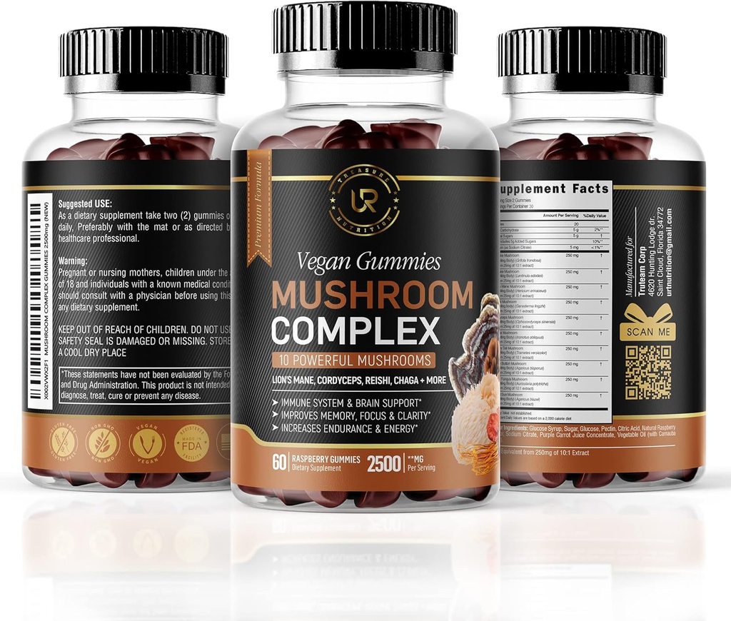 Mushroom Gummies | 10 Mushroom תוסף | 2,500 מ"ג | טורקיה Tail, Chaga, Reishi, Cordyceps & Lions Mane Organic Mushroom, Nootropic Brain Booster (180 (Pack of 3))