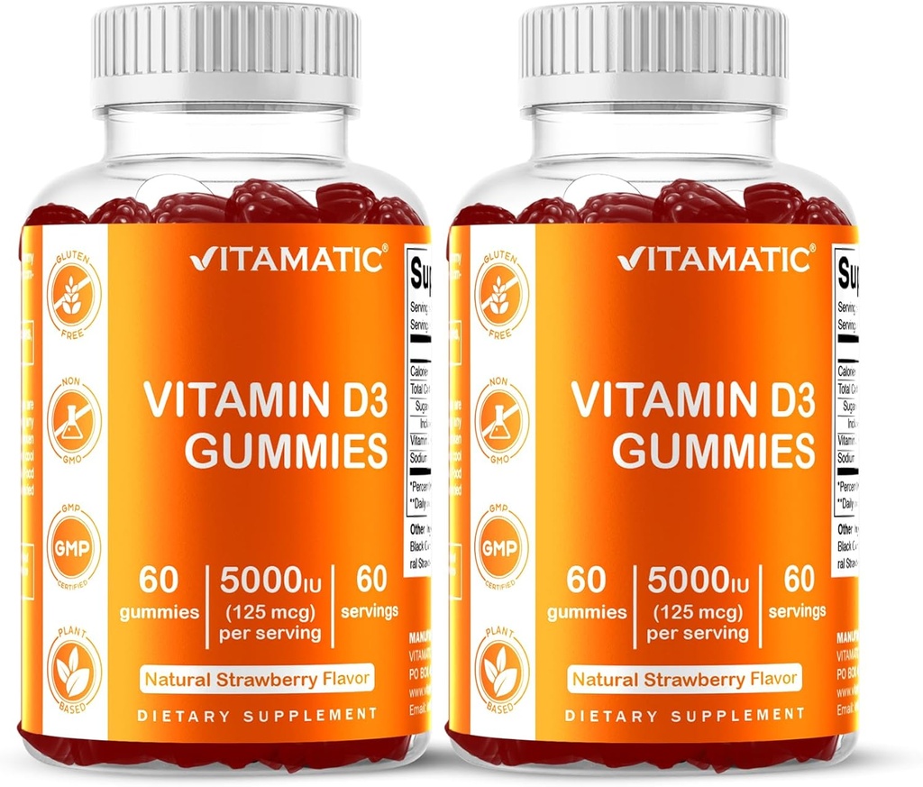 ויטמין D3 Gummies - 5000 IU Per Gummy | 60 חניכיים לבקבוק | חבילת 2 (כולל 120 ספירה) טעם גדול | תמיכה בעצם, שיניים, Mood, Joint & Immune Health