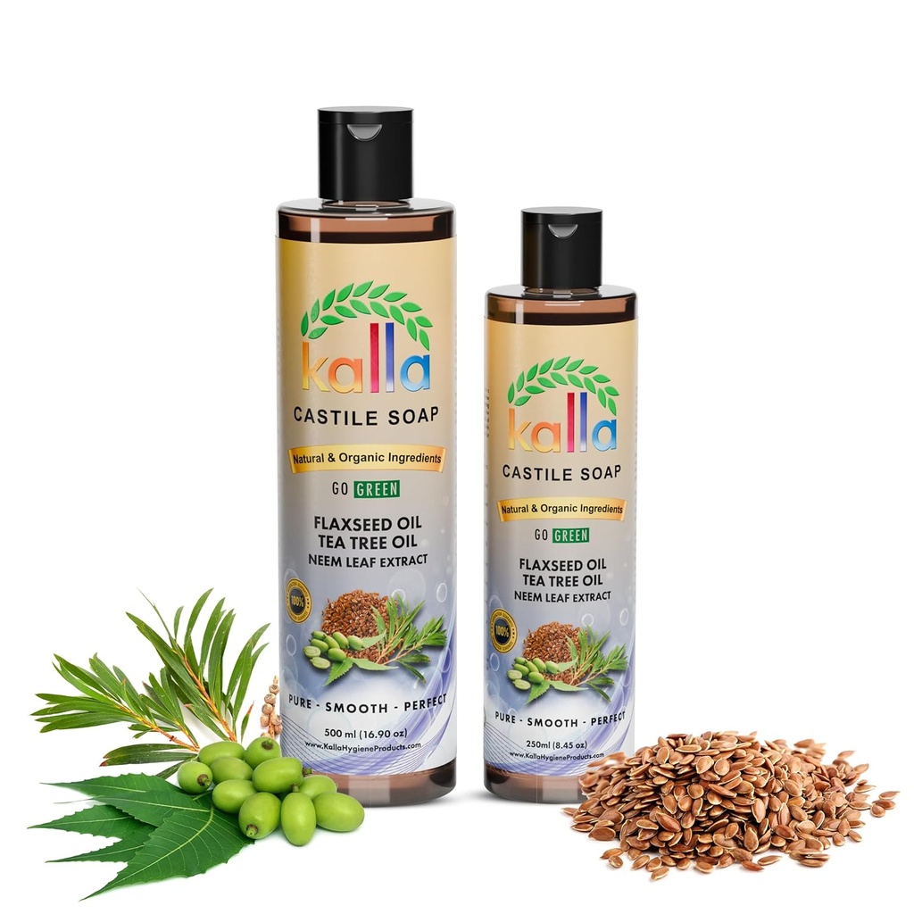 Kalla Organic Flaxseed Castile סבון100% Pure Castile נוזל Soap Neem על חליפת-250 מ"ל, מוסמך קר Pressed Virgin קוקוס שמן, עץ תה חיוני Castile Gluten Free Hand