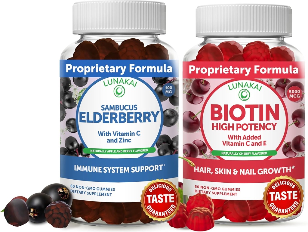 Lankai Biotin & Elderberry חניכיים Bundle - מסטיק עבור צמיחת שיער, סקי Glow ו Stronger Nails עם ויטמין C ו- E - Immune תמיכה תוספת למבוגרים וילדים