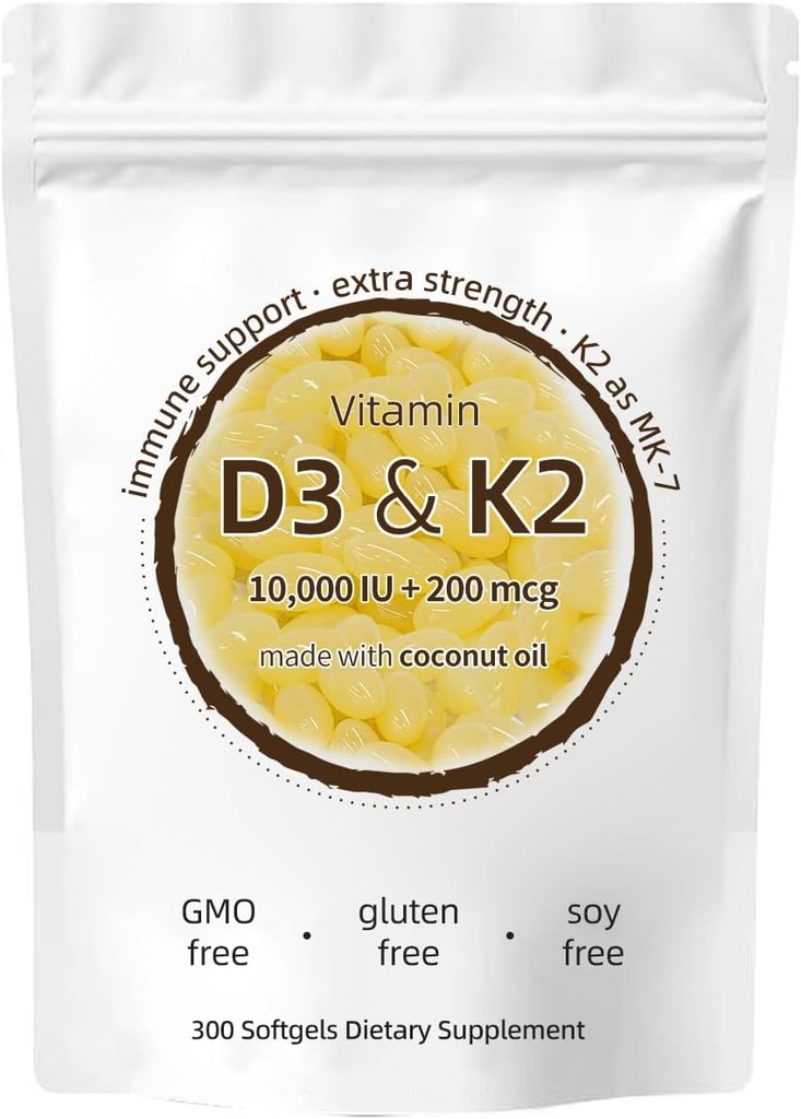 ויטמין D3 K2 תוסף, 10000 IU D3 + 200 MCG K2, 300 Softgels, non-GMO, Gluten-Free