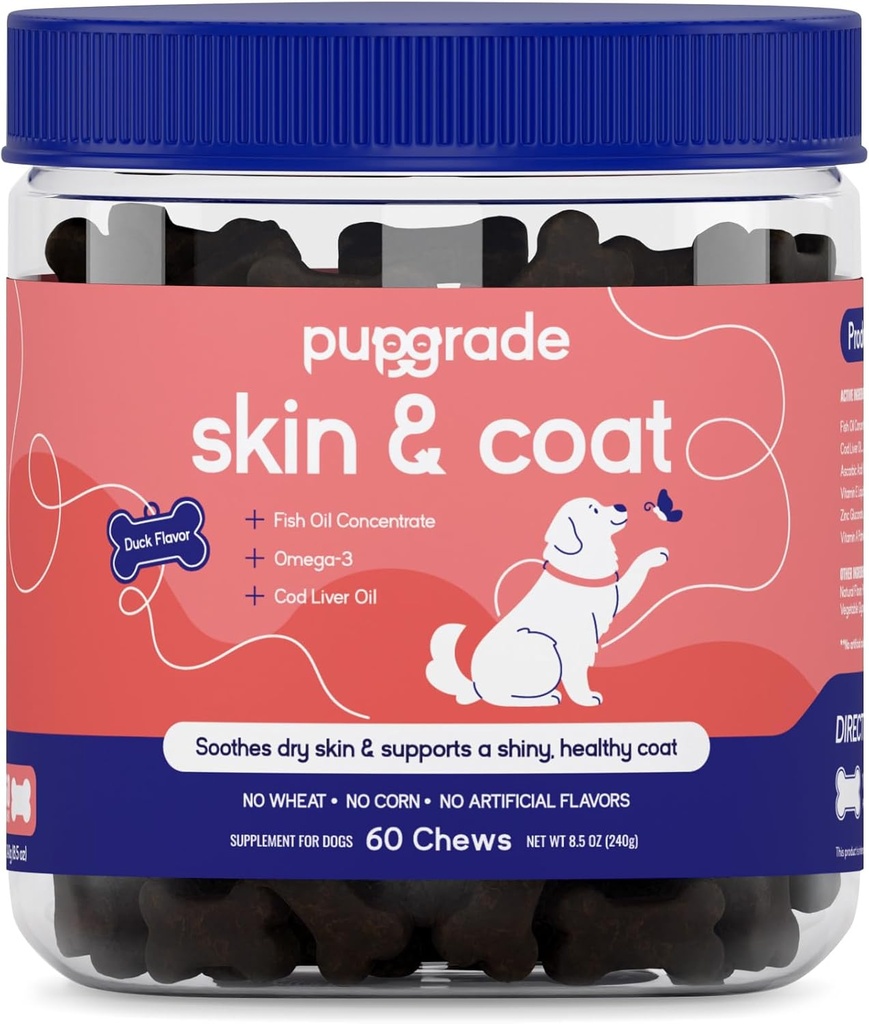 PupGrade Skin & Coat Soft Chew תוסף לכלבים - תומך עור בריא, קואט ותפקוד Immune - עשיר שמן דגים טבעי, אומגה שומן חומציות ווויטמינים - 60 צ'יפס רך