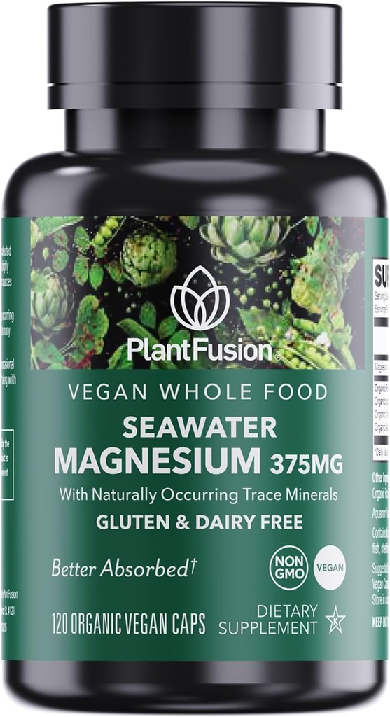 PlantFusion Vegan Magnesium Complex 375 מ"ג ממים ים, Bioavailable Marine Magnesium with Fermented Organic Whole Food Belnesium, Non-GMO, שריר ותמיכה מרגיעה, 120 Cap CapCAP