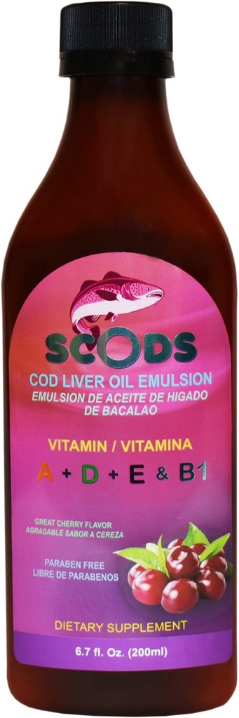 Emulsion de Scods Cereza Cod Liver Oil Emulsion Cherry 200 מ"ל ויטמין A + E & B1