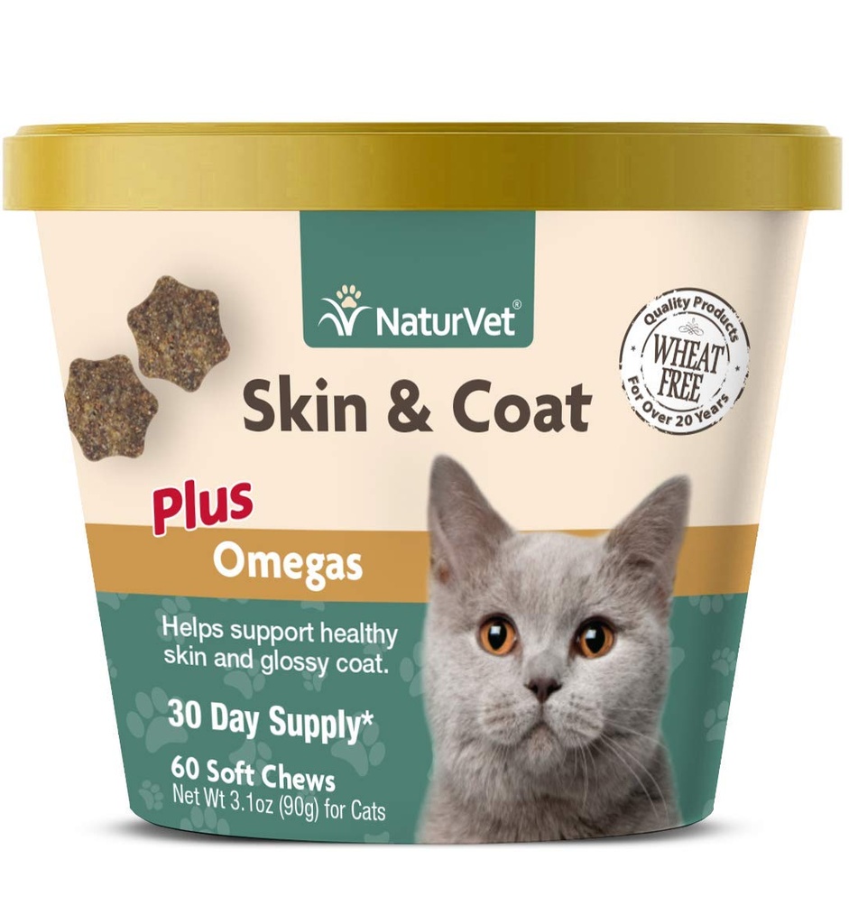NaturVet - Skin & Coat Plus אומגהs for Cats - 60 צ'יפס רך - תומך עור בריא & Glossy Stick | משופר עם אומגה 3-3, אומגה 6 & Biotin | 30 יום אספקה