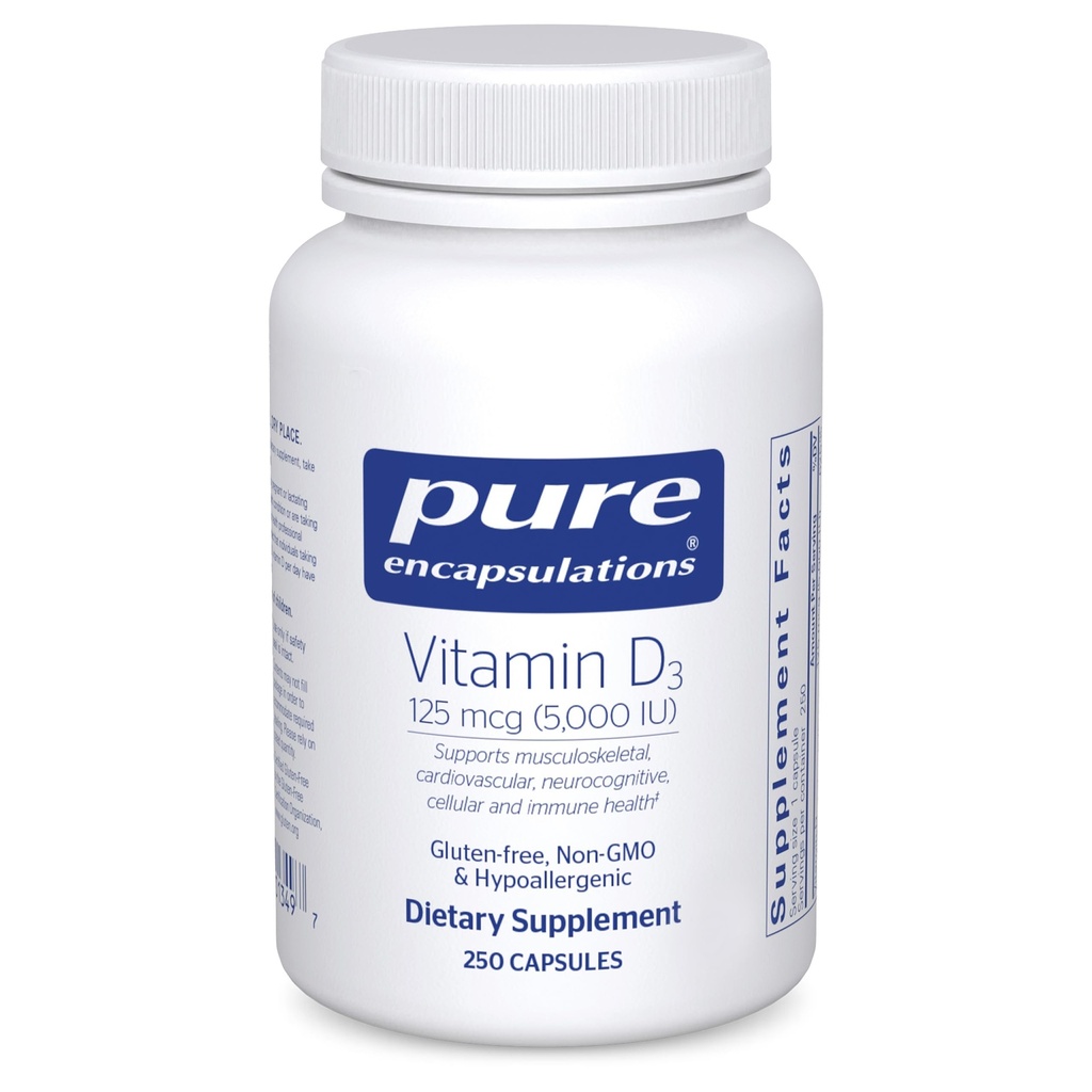 Pure Encapsulations ויטמין D3 125 mcg (5,000 IU) - תוספת לתמיכה העצם, משותף, חזה, לב, קולון ובריאות החיסון * - עם ויטמין D - 250 קפסולות