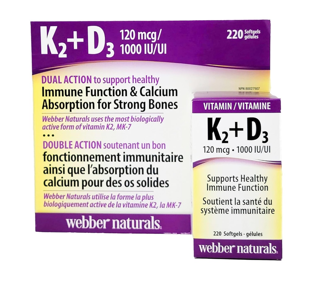 Webber Naturals K2 + D3 120 mcg / 1000 IU, תומך בתפקוד Immune בריא - 220 רכות