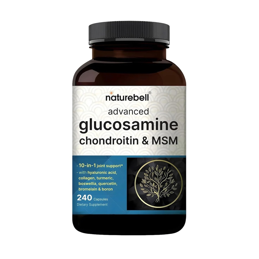 NatureBell Advanced Glucosamine Chondroitin MSM תוסף, 240 קפסולות | 10in-1 Joint Support Complex - עם Hyaluronic Acid, Collagen, Turmeric, Boswellia ועוד - Non-GMO