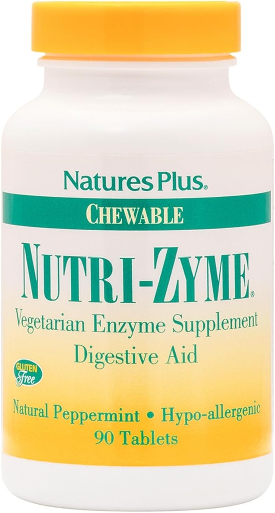 NaturesPlus Foods Zyme - 90 טבליות Chewable, Peppermint Flavor - Vegetarian Enzyme תוספת עם Bromelain & Papain, Natural Digestive Aid - Gluten-Free - 45 משרתים