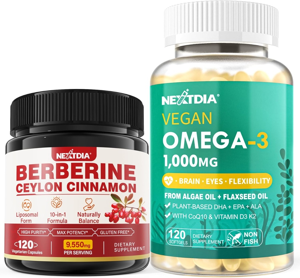 ברברין תוסף 1500mg + אומגה טבעוני 3 תוסף 1000mg