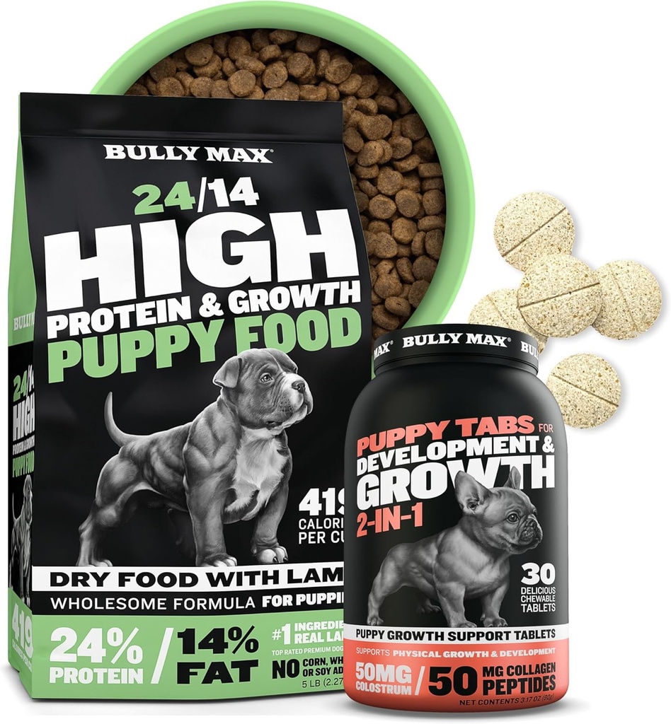 Bully Max 24/14 High Protein Puppy Food (5lbs.) ו- Puppy ויטמינים (30 כרטיסיות ללעוס) לפיתוח ולצמיחה בונדלה - שריר, Immune, Bone & Digestive Support in Small and Large Breed Puppies