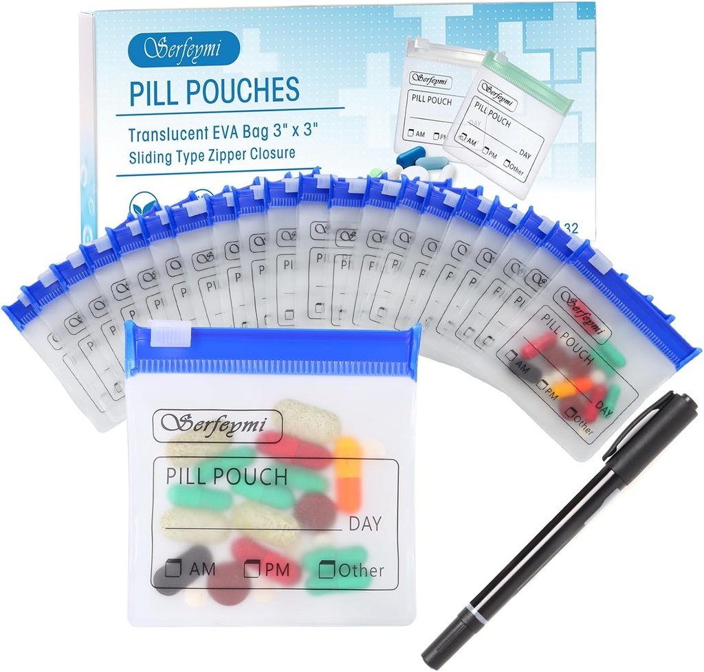 Serfeymi 32 Pcs Zippered Pill Pouches מארגנת בגרות פלסטיק 3 X 3 Inches 12 mil Self Sealing with Slide Lock Writable Label Translucent Travel Medicine Storage Bag Case ו 1 Pc Marker-Blue