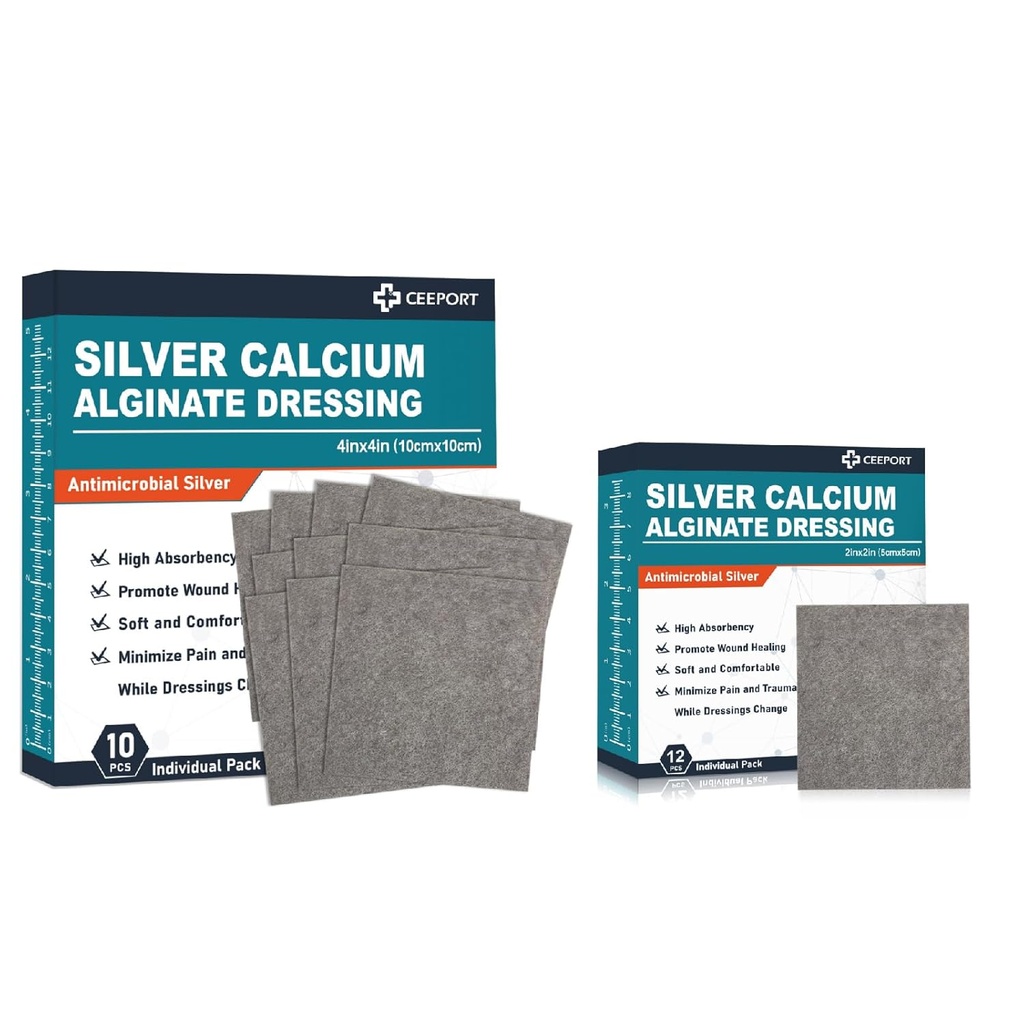 Silver Calcium Alginate Dressing (4 "x 4" 10 Pcs + 2 "x 2" 12 Pcs)
