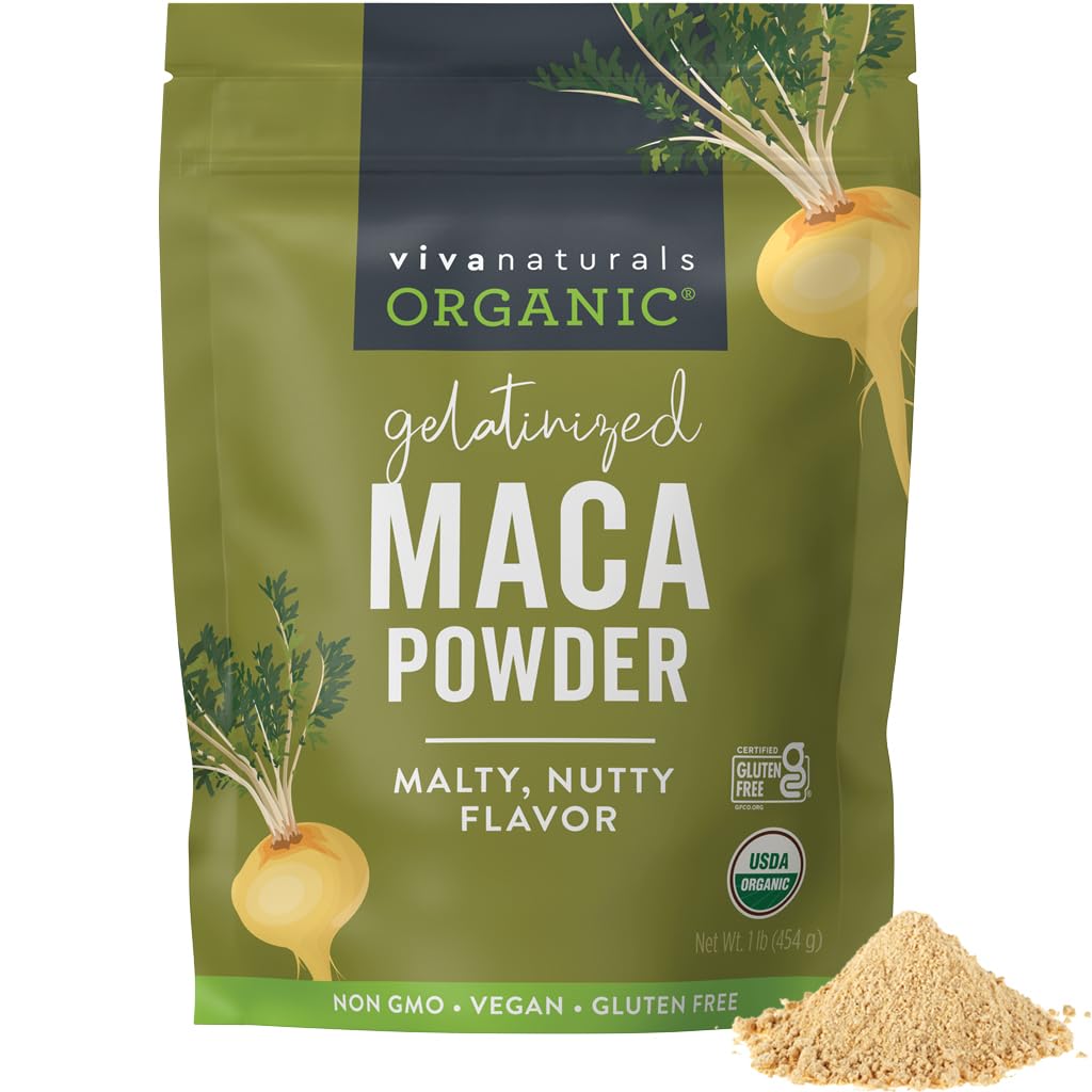 Viva Naturals Organic Maca אבקה, Gelatinized, 16 oz (1 lb) - טבעוני, USDA אורגני, Gluten-Free, non-GMO פרוvian Superfood in Resealable Bag