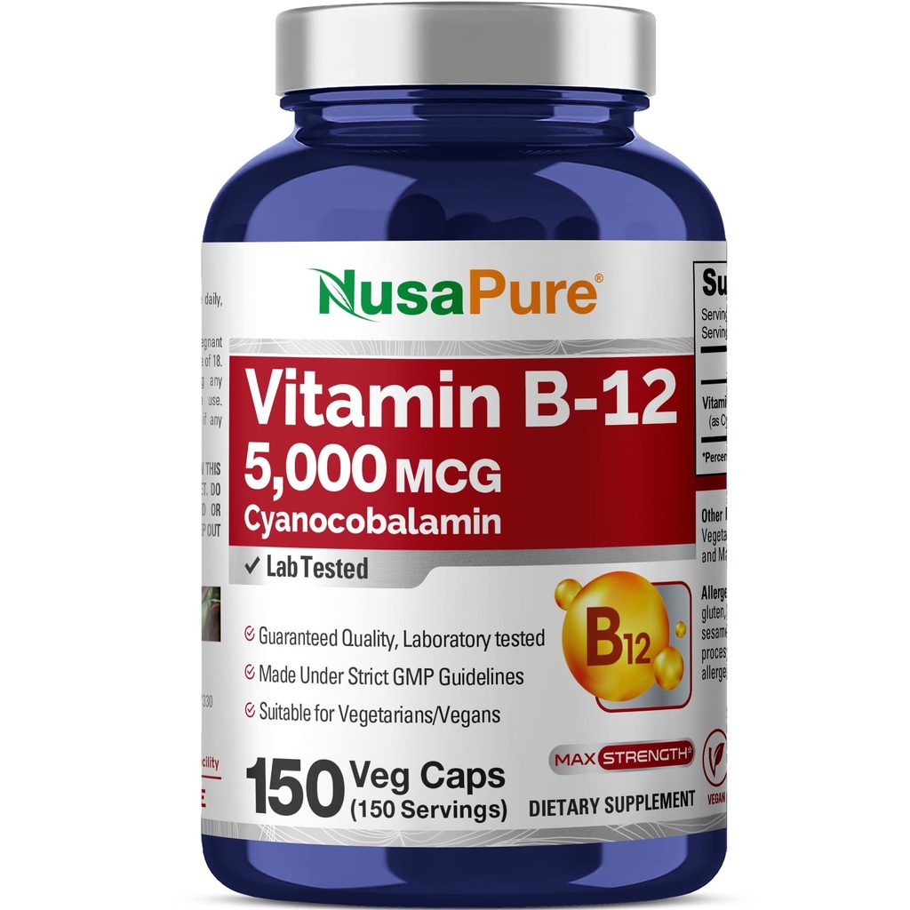 NusaPure ויטמין B12-5000 MCG 150 קפסולות Veggie (Non-GMO, טבעוני) - Max Power ויטמין B12